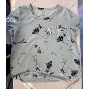 Van Heusen Top Womens XL Blue Floral Short Sleeve Mixed Media Pocket Tee Shirt